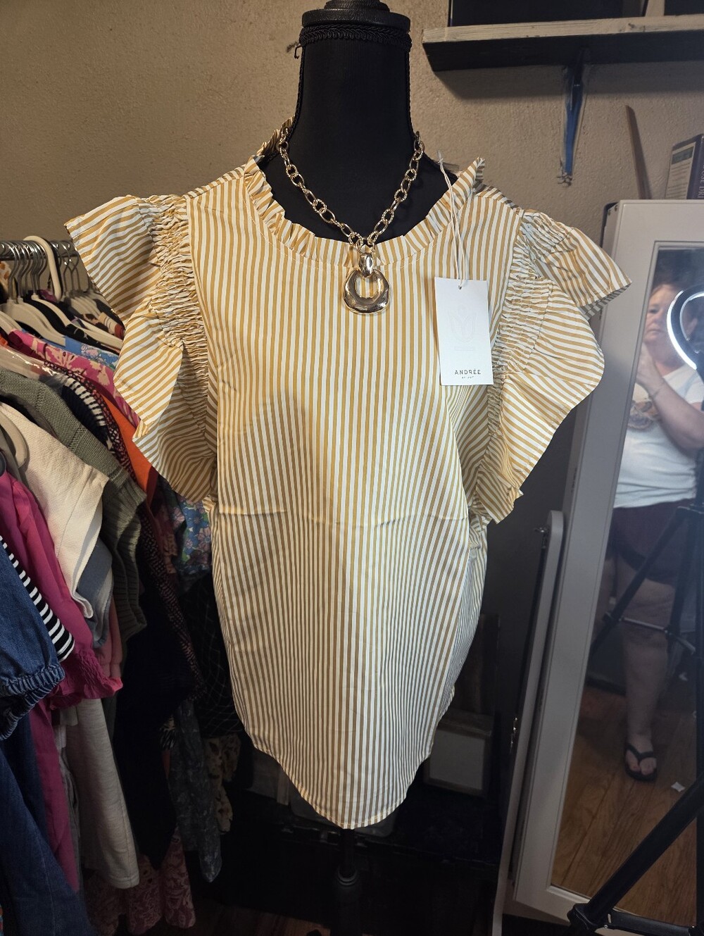 Andree Yellow and White Striped Ruffle Sleeve Blouse